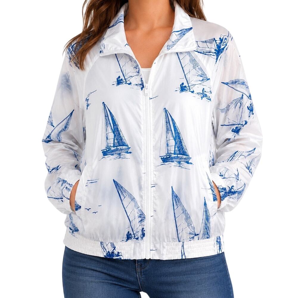 Forever 21 Womens Large White Blue Nautical Sailing Tropical Beach Jacket Top